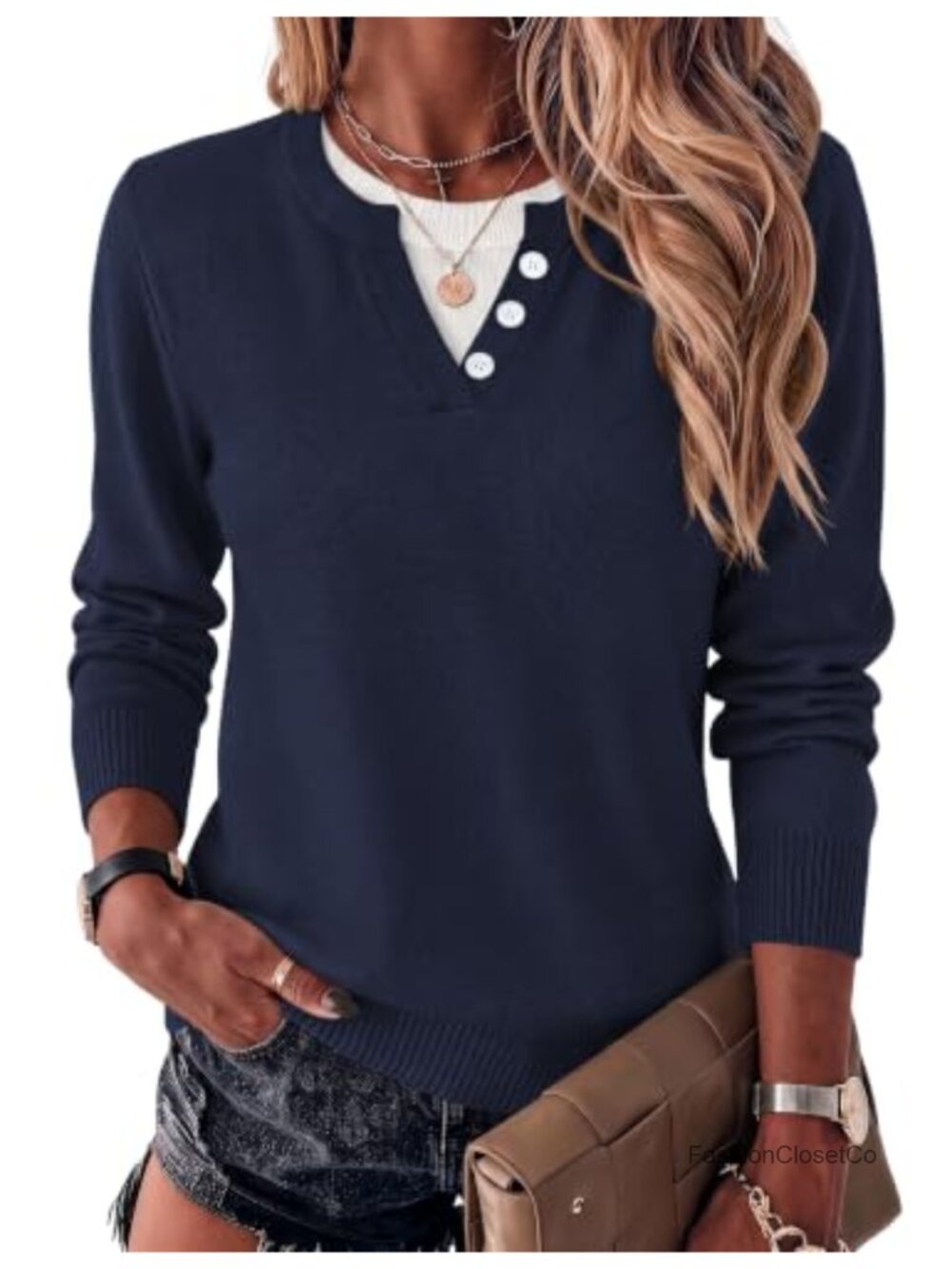Women's Lightweight Knit Pullover Sweater Long Sleeve Faux-Layered Business